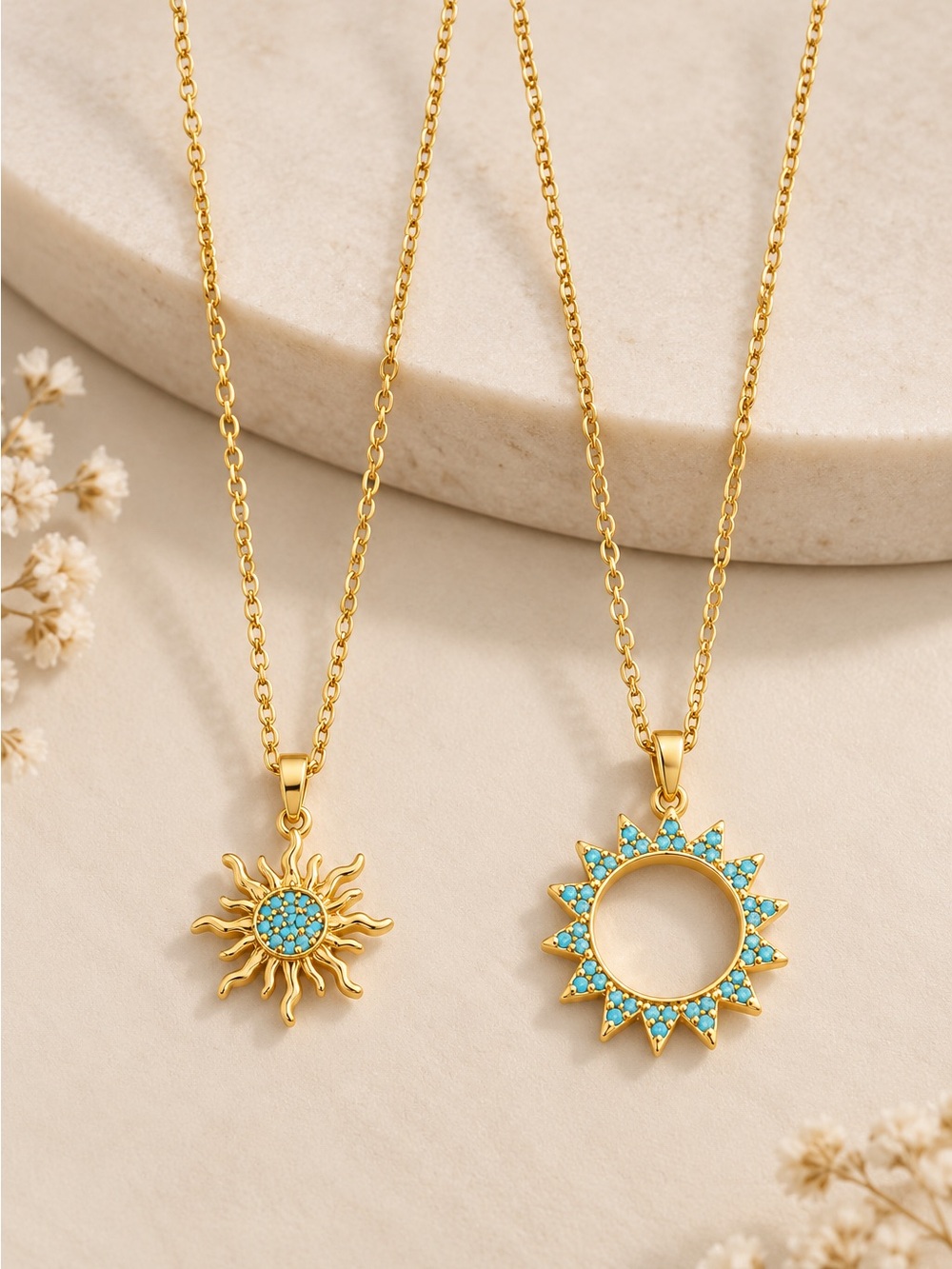 Set of Two Stainless Steel Sun Pendants with Chains
